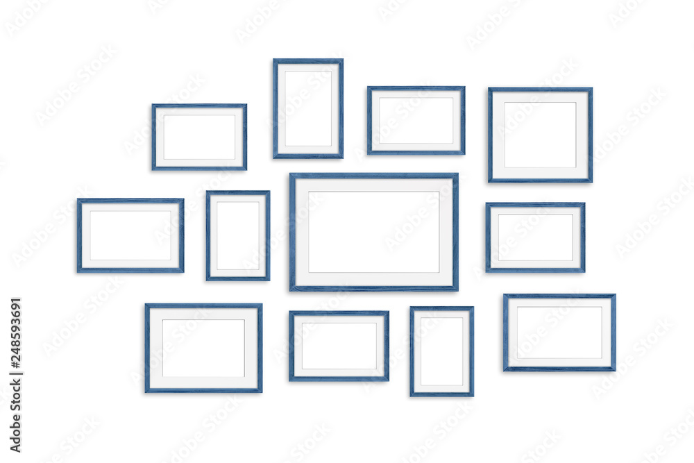 Frames collage, twelve blue realistic wooden frameworks isolated on white background Frames collage, twelve blue realistic wooden frameworks isolated on white background