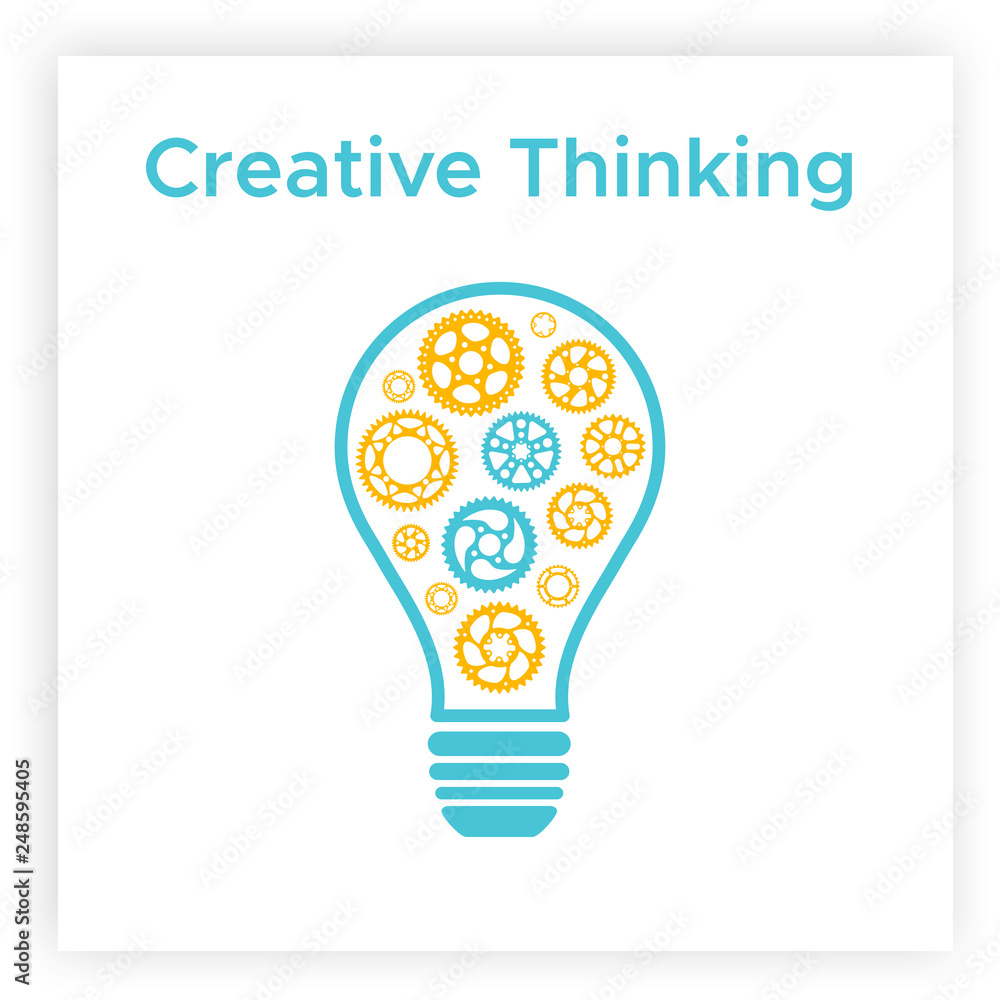 Cogwheel lightbulb creative idea concept vector illustration. Creative thinking graphic with gear and light bulb. Blue lamp silhouette with orange cogwheel innovation think concept. Cogwheel lightbulb creative idea concept vector illustration. Creative thinking graphic with gear and light bulb. Blue lamp silhouette with orange cogwheel innovation think concept.