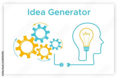 Head silhouette lightbulb creative idea concept vector illustration. Idea generator graphic with head profile, gear mechanismht bulb. Blue human silhouette with orange lightbulb idea concept.