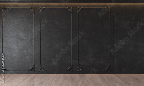 Modern classic black interior with stucco, door, wooden floor, ceiling backlit, molding. Empty room, blank wall. 3d render illustration mock up.