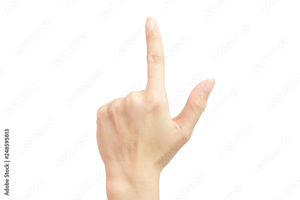 A woman's hand lifted a thumbs up symbol. For the number one isolated on white background and clipping path A woman's hand lifted a thumbs up symbol. For the number one isolated on white background and clipping path