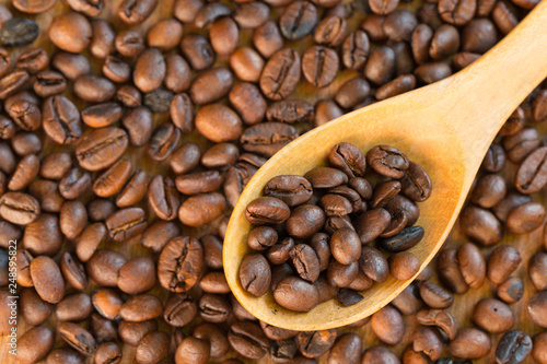 Coffee beans with spoon wood