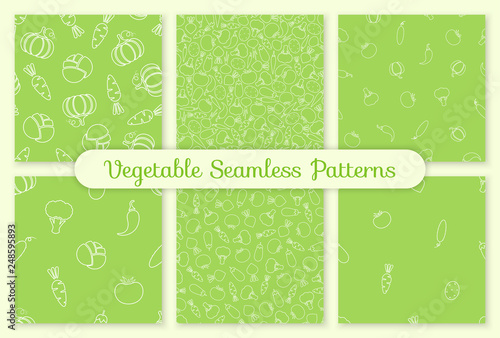 Seamless silhouette vegetable pattern set vector flat illustration. Modern seamless texture pattern design with harvest contour vegetable in white, green color for healthy diet or vintage wallpaper