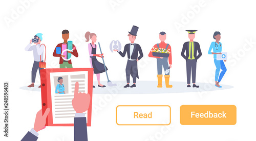 curriculum vitae recruitment job position hands holding CV profile choosing candidate from different occupation mix race workers group flat isolated copy space horizontal