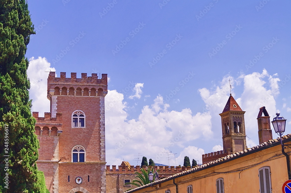 Castle with tower and city gate of Bolgheri, Tuscany, Italy
