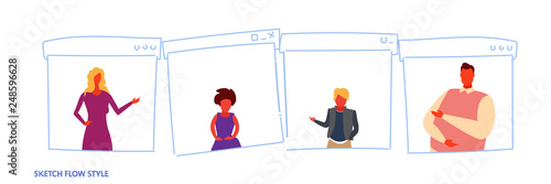 set different people family members casual men women cartoon characters portrait online web page internet browser windows horizontal sketch flow style