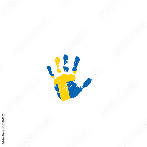 Sweden flag and hand on white background. Vector illustration