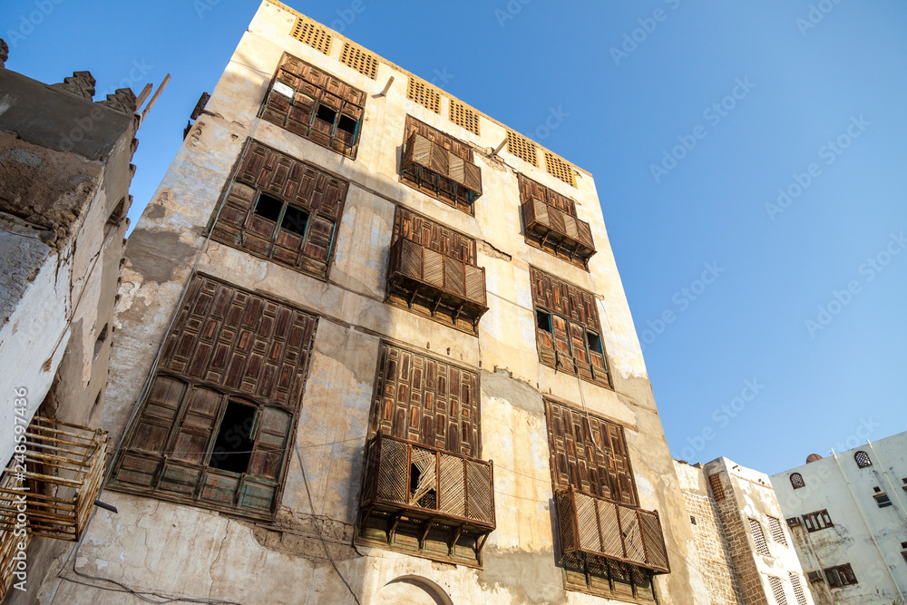 Old city in Jeddah, Saudi Arabia known as Historical Jeddah. Ancient building in UNESCO world heritage historical village Al Balad.Saudi Arabia 