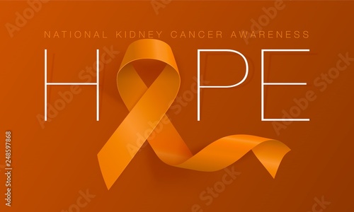 National Kidney Cancer Awareness Calligraphy Poster Design. Realistic Orange Ribbon. March is Cancer Awareness Month. Vector