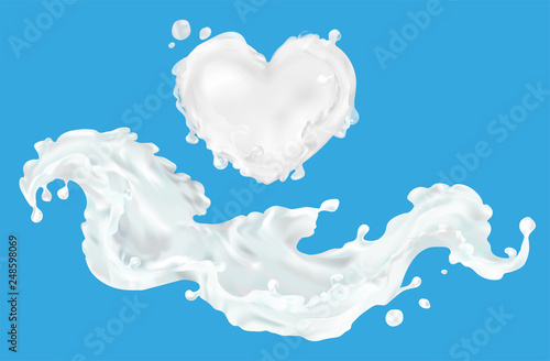 Milk splash vector realistic 3D, heart love. Clipart for design food packaging. Natural, dairy product, farm, useful. Kefir, yoghurt, dessert.
