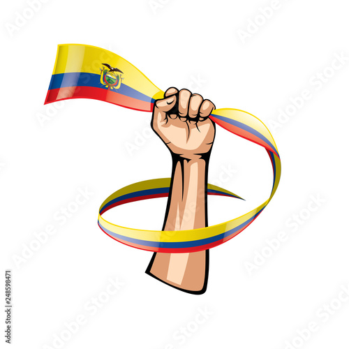Ecuador flag and hand on white background. Vector illustration