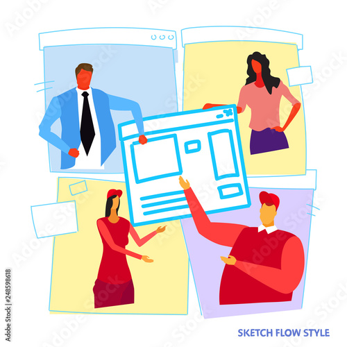 businesspeople developers building computer application and working together creative user interface teamwork concept sketch flow style
