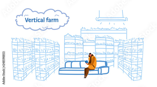 man reading book sitting on sofa plants smart farming system concept modern vertical organic farm interior sketch flow style horizontal