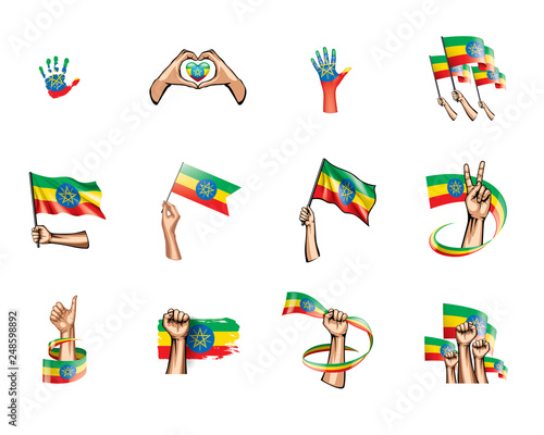 Ethiopia flag and hand on white background. Vector illustration