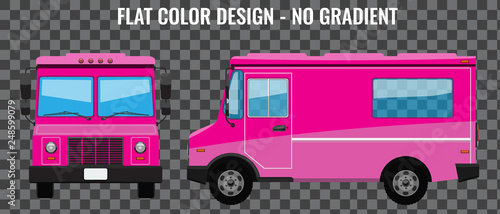 Pink Food Truck Hi-detailed with solid and flat color design template for Mock Up Brand Identity. Front and side view.
