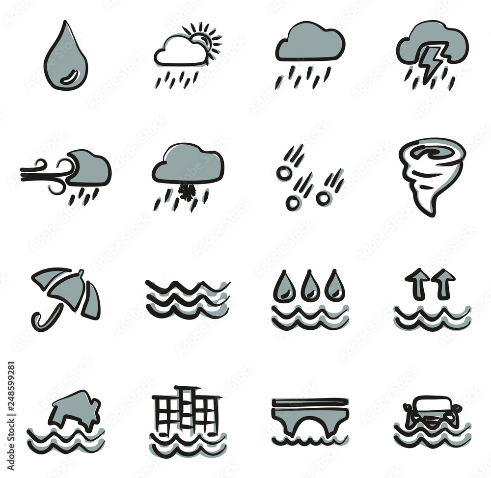 Obraz premium Rain or Rain Flood Icons Freehand 2 Color