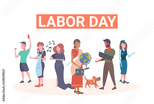 labor day poster people of different professional occupation holiday celebration concept mix race workers standing together isolated full length flat horizontal