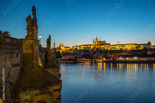 Prague city skyline with view of Vltava River in Prague, Czech Republic day to night