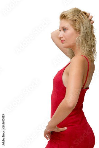 pretty young blonde woman with a red dress on white