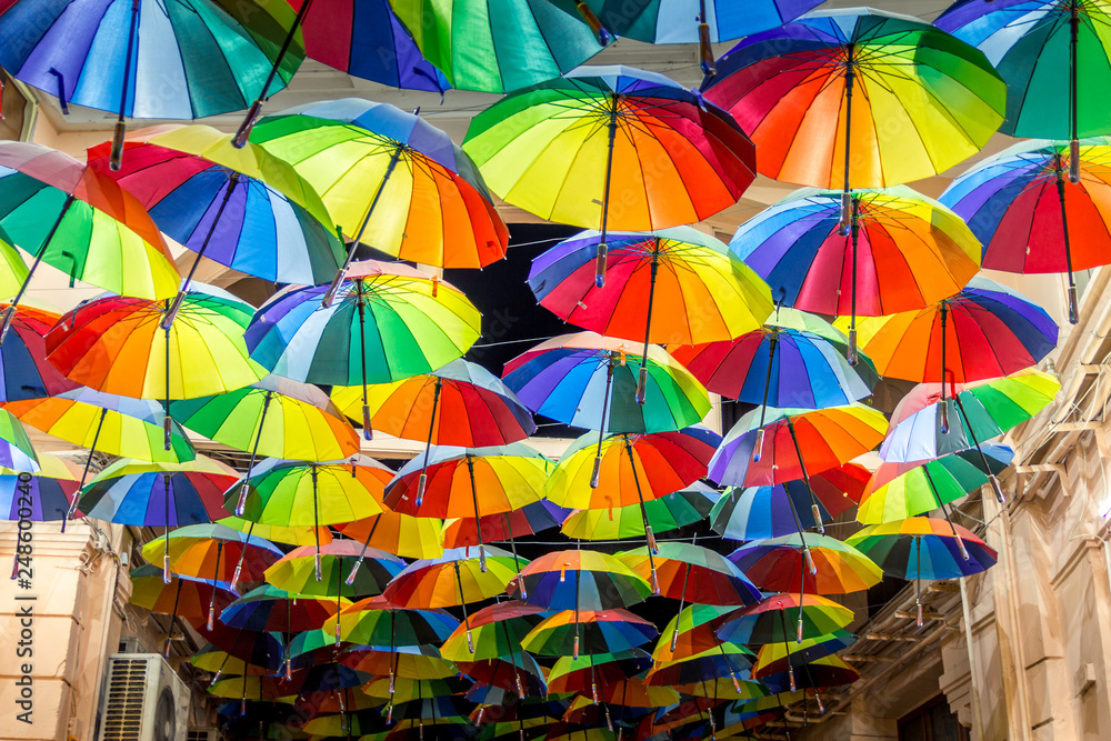 Decorative umbrellas in the streets of Bucharest, Romania