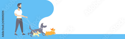 casual man dog walker guy walking with dogs owner with pets different breeds male cartoon character full length flat horizontal banner