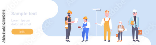 construction workers team industrial technicians men builders group male cartoon characters full length horizontal copy space