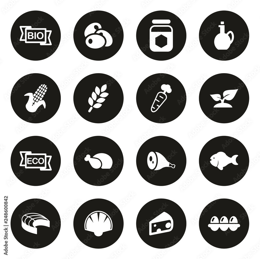 Organic Food Icons White On Black Circle