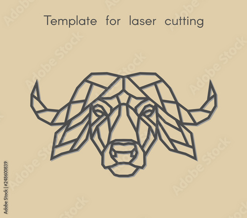  Template animal for laser cutting. Abstract geometric buffalo for cut. Stencil for decorative panel of wood, metal, paper. Vector illustration.
