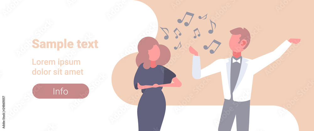 elegant couple opera singers man woman singing song wearing elegant clothes music band concept male female cartoon characters portrait flat horizontal copy space