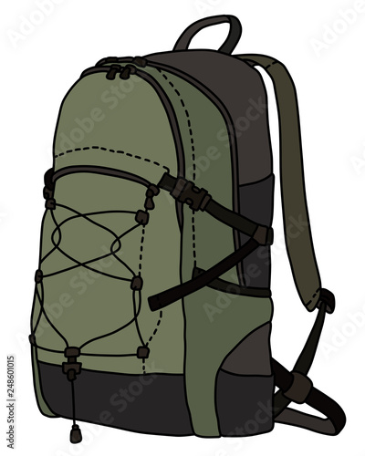 The vectorized hand darwing of a green and black travel backpack