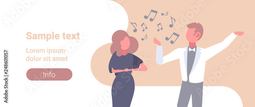 elegant couple opera singers man woman singing song wearing elegant clothes music band concept male female cartoon characters portrait flat horizontal copy space