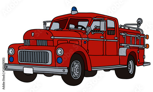 The vectorized hand drawing of an old red fire truck