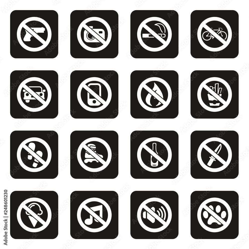 No Signs or Forbidden Signs Icons White On Black 