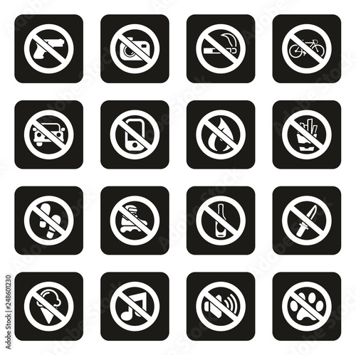 No Signs or Forbidden Signs Icons White On Black 