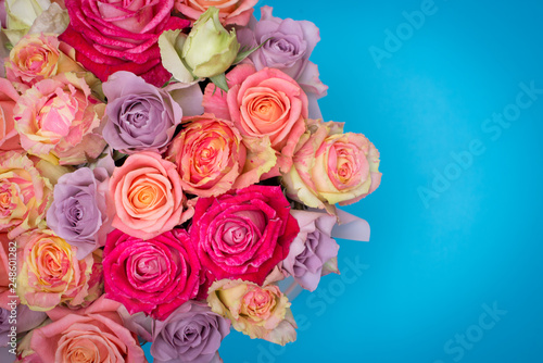 Beautiful bouquet of roses in a gift box. Bouquet of pink roses. Pink roses close-up. on blue background  with space for text.