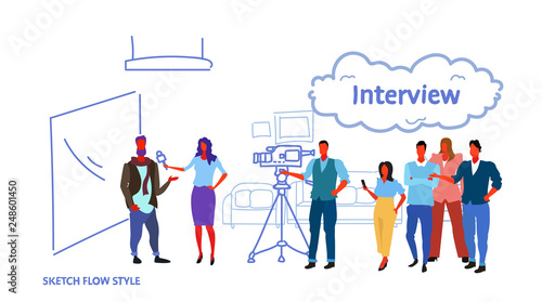 professional camera recording female presenter interviewing in television studio with crew reporter taking interview with man mass media announcement concept horizontal sketch