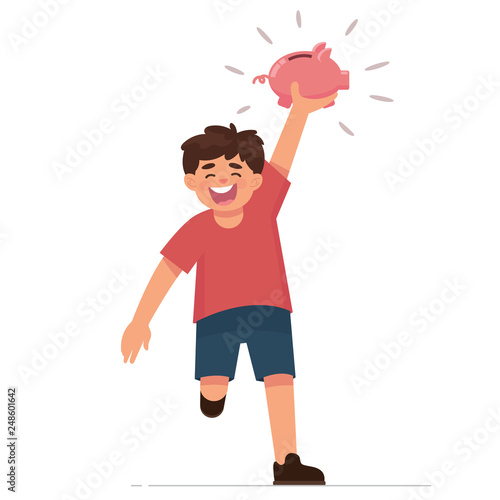 vector illustration of exiting boy holding piggy bank , happy boy holding piggy bank