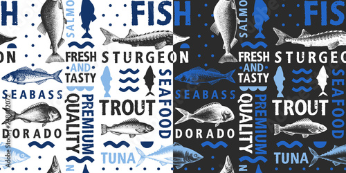 Typographic vector fish seamless pattern on light and dark background. Types of fishes and hand drawn illustrations for menu and packaging. Retro style.