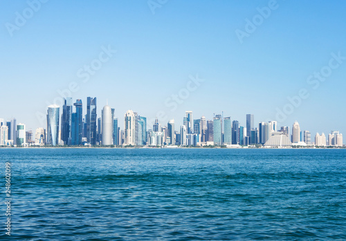 Skyline of West Bay and Doha City Center on sunny day