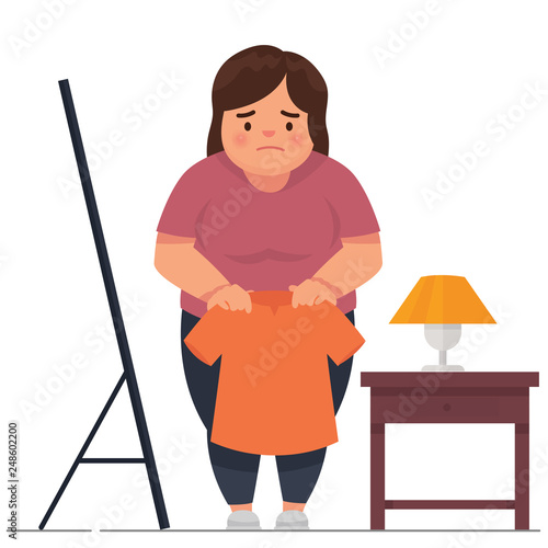 sad woman holding her old t-shirt that don't fit anymore, vector illustration fat woman holding a small clothes 