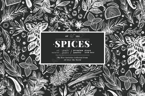 Culinary herbs and spices banner template. Vector background for design menu, packaging, recipes, label, farm market products. Hand drawn vintage botanical illustration on chalk board.