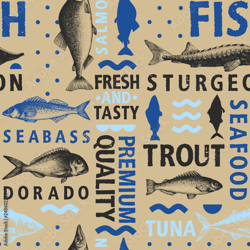 Typographic vector fish seamless pattern on light and dark background. Types of fishes and hand drawn illustrations for menu and packaging. Retro style.