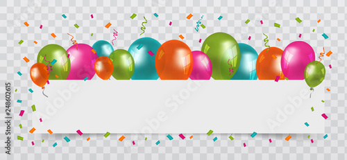 Colourful Balloons with confetti and streamers white Paper free Space. Transparent background. Party, Birthday and Carnival Vector.