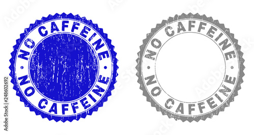 Grunge NO CAFFEINE stamp seals isolated on a white background. Rosette seals with grunge texture in blue and grey colors. Vector rubber overlay of NO CAFFEINE text inside round rosette. photo