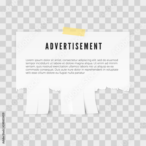 Advertisement tear-off paper template with copy space for text. Vector illustration isolated on tratsparent background