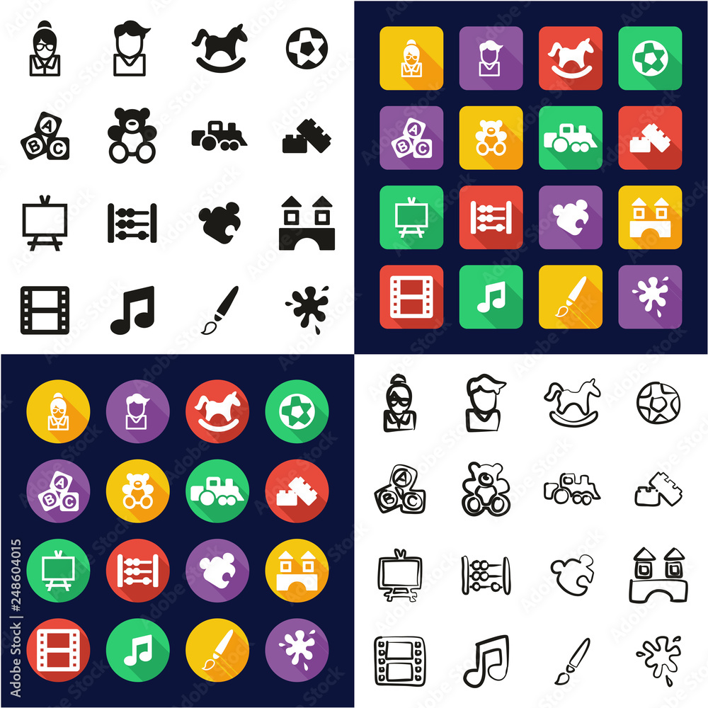 Kindergarten or Day Care Icons All in One Icons Black & White Color ...