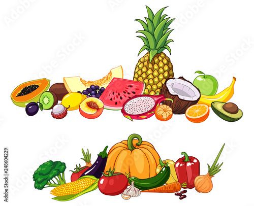 Vector illustration of fruits and vegetables with various edible objects.