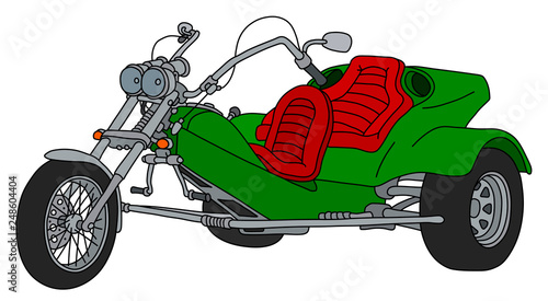 The hand drawing of a green heavy motor tricycle photo