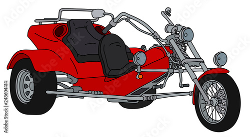 The hand drawing of a red heavy motor tricycle photo