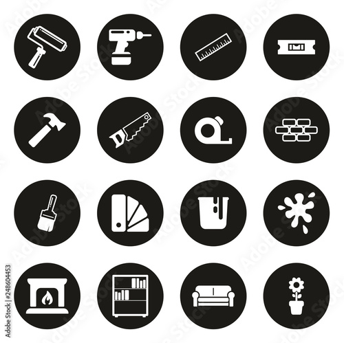 Home Decorating or Home Remodeling Icons White On Black Circle